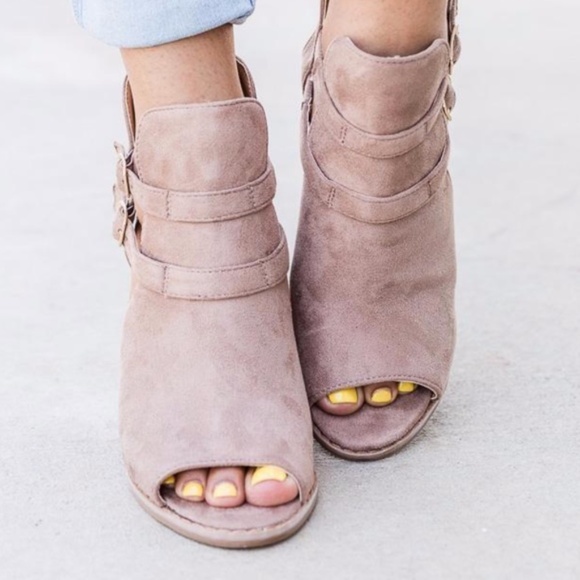Taupe Vegan Suede Buckle Peep Toe Ankle Booties - Picture 2 of 3